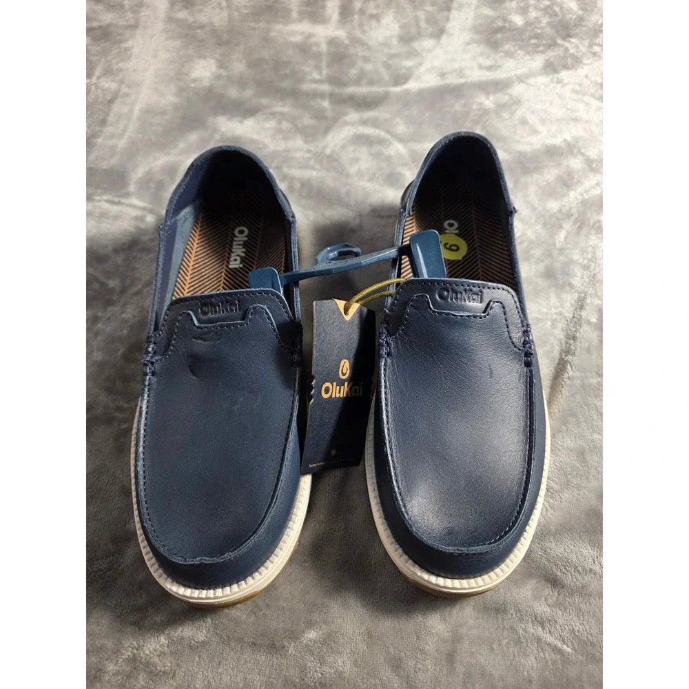 OluKai Kakaha Nia Men Size 9 Mood Indigo Blue Leather Slip On Loafer 10557-ZNZN